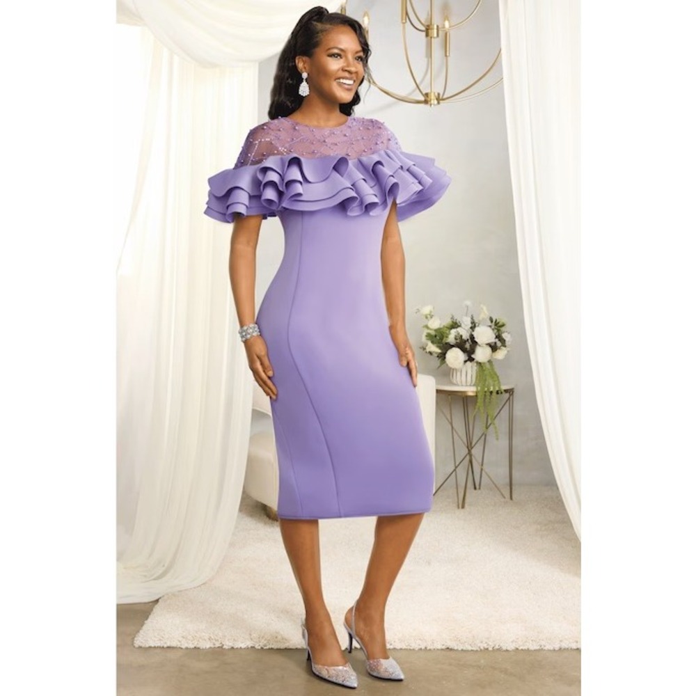 Ashro Women Trachelle Tiered Ruffle Sheath Dress Lavender Pearl‎ Scuba 16